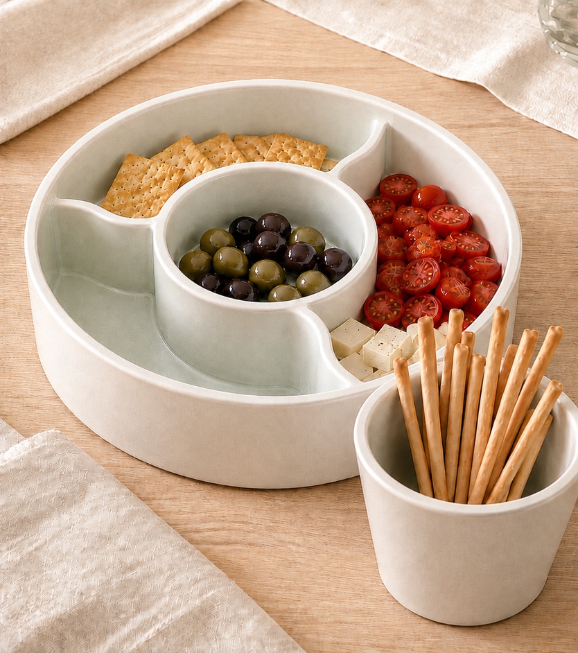 De apero-set met hapjes op tafel